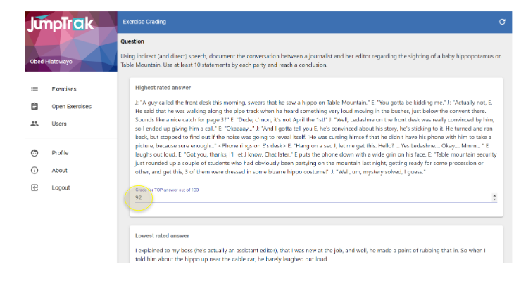 Assignment results screen showing automatically generated grades