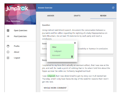 Review screen with peer comments and annotations