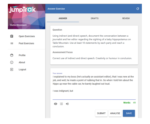 Answer exercise screen where a learner submits a draft for review